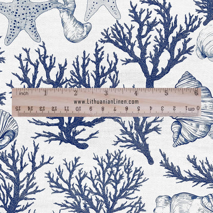 100% LINEN Fabric corals & shells print linen - coastal fabric for upholstery home decor dress making 2364