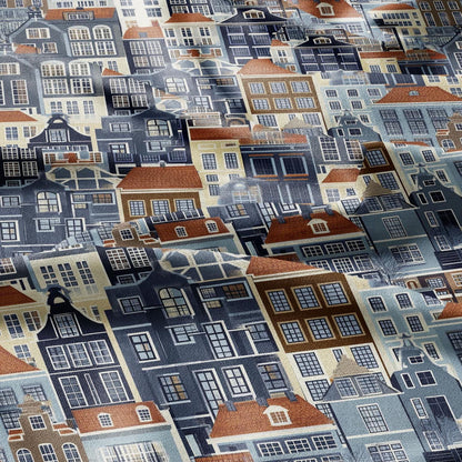 100% LINEN Fabric Amsterdam houses Holand scenery - linen fabric for upholstery home decor tablecloth curtains dress making