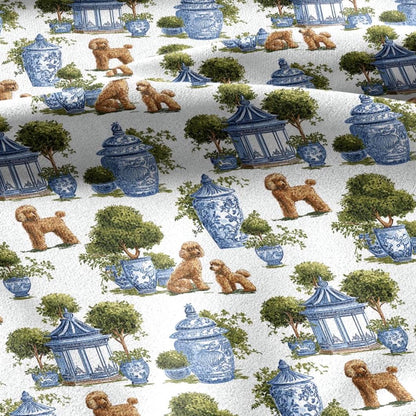 100% linen fabric poodle dog print - Vintage toile de jouy blue green botanical  - Historical chinoiserie topiary 3348