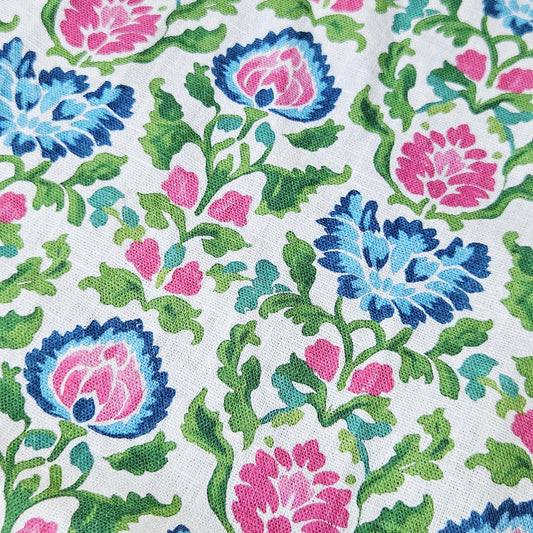 100% LINEN Fabric floral print on linen - Bright Botanical fabric large flowers pink blue green for upholstery curtains home textile 2646B