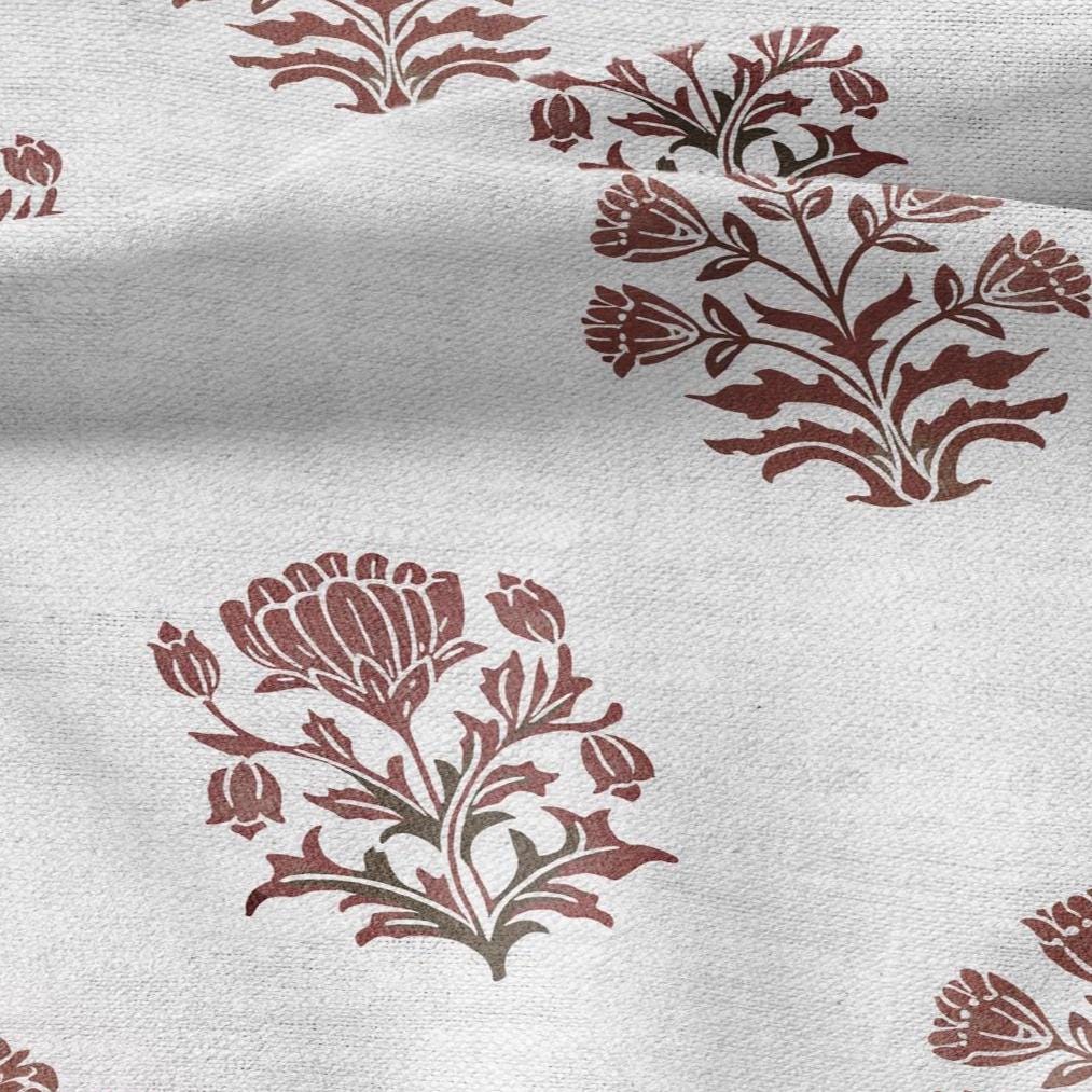 100% LINEN Fabric Block print Genda flower red - floral upholstery home textile artisan fabrics green white 2945