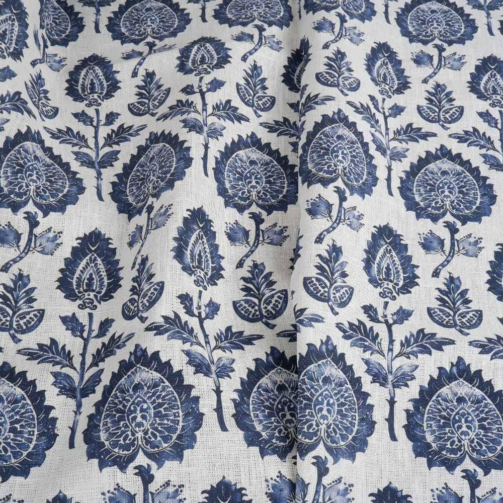 100% LINEN Fabric block print indigo blue on white - floral print heavy linen fabric for upholstery home decor sewing 2009