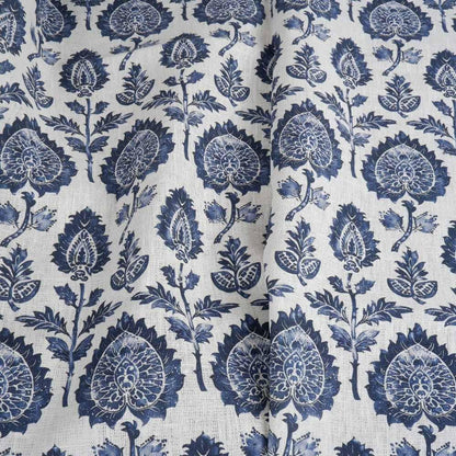 100% LINEN Fabric block print indigo blue on white - floral print heavy linen fabric for upholstery home decor sewing 2009