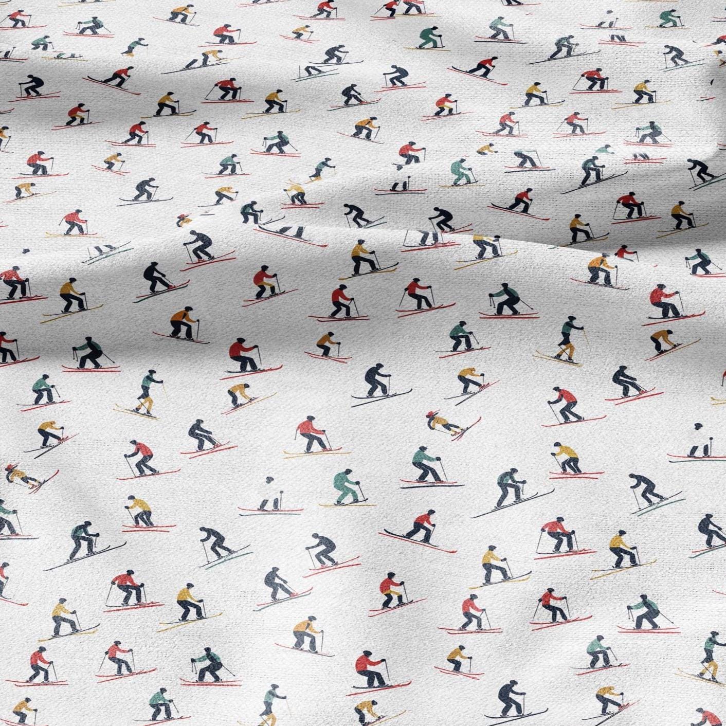 100% linen Skiers Print fabric for Curtain Upholstery Cushion - retro - for dress making sewing 2213