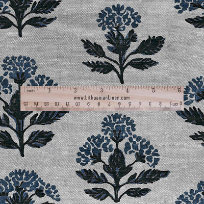 100% LINEN Fabric hand block print flowers - oatmeal linen fabric with blue green print Achillea - fabric for home decor upholstery