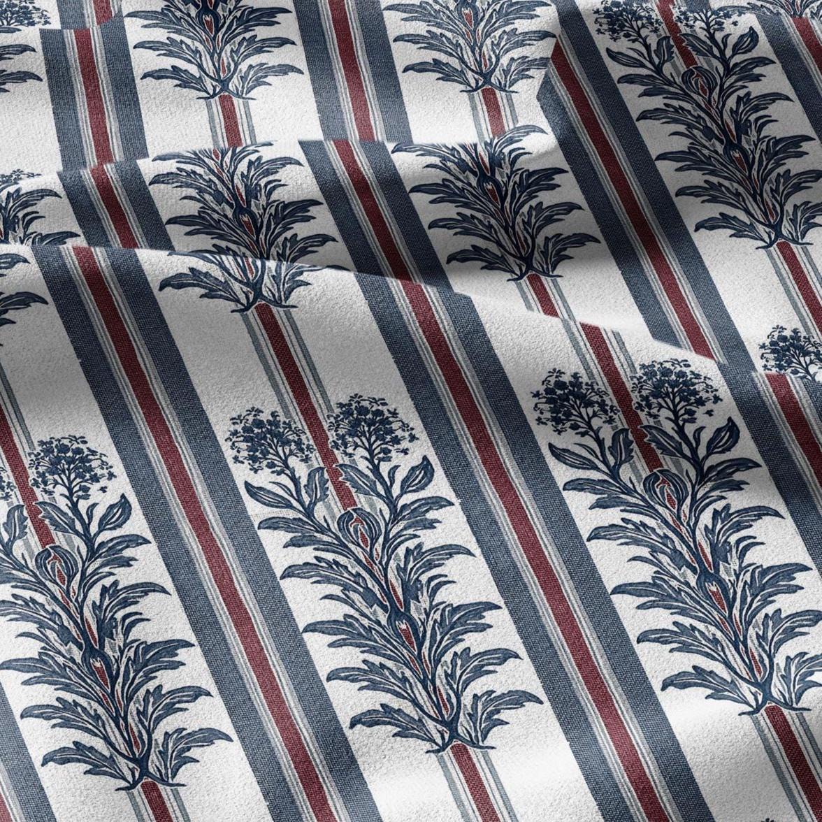 100% linen fabric green blue red tribal floral stripe print - Vintage abstract modern geometric 3404