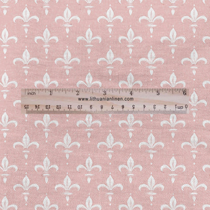 100% LINEN Fabric Fleur de lis print,  linen fabric with pale pink french print, heavy linen fabric for upholstery home decor