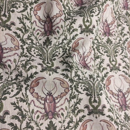 100% LINEN Fabric LOBSTER print, oatmeal linen fabric with green purple coastal print for upholstery home decor LOBSTER