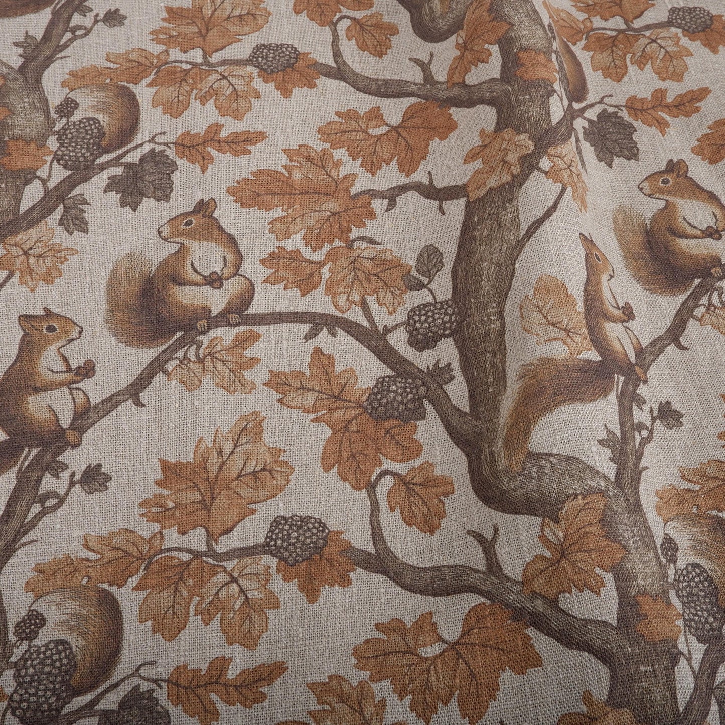 100% LINEN Fabric Toile de Jouy with Squirrel in forest - fabric brown print upholstery curtains dress making Nursery sewing