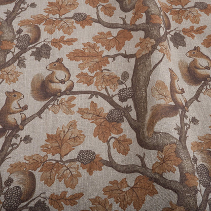 100% LINEN Fabric Toile de Jouy with Squirrel in forest - fabric brown print upholstery curtains dress making Nursery sewing