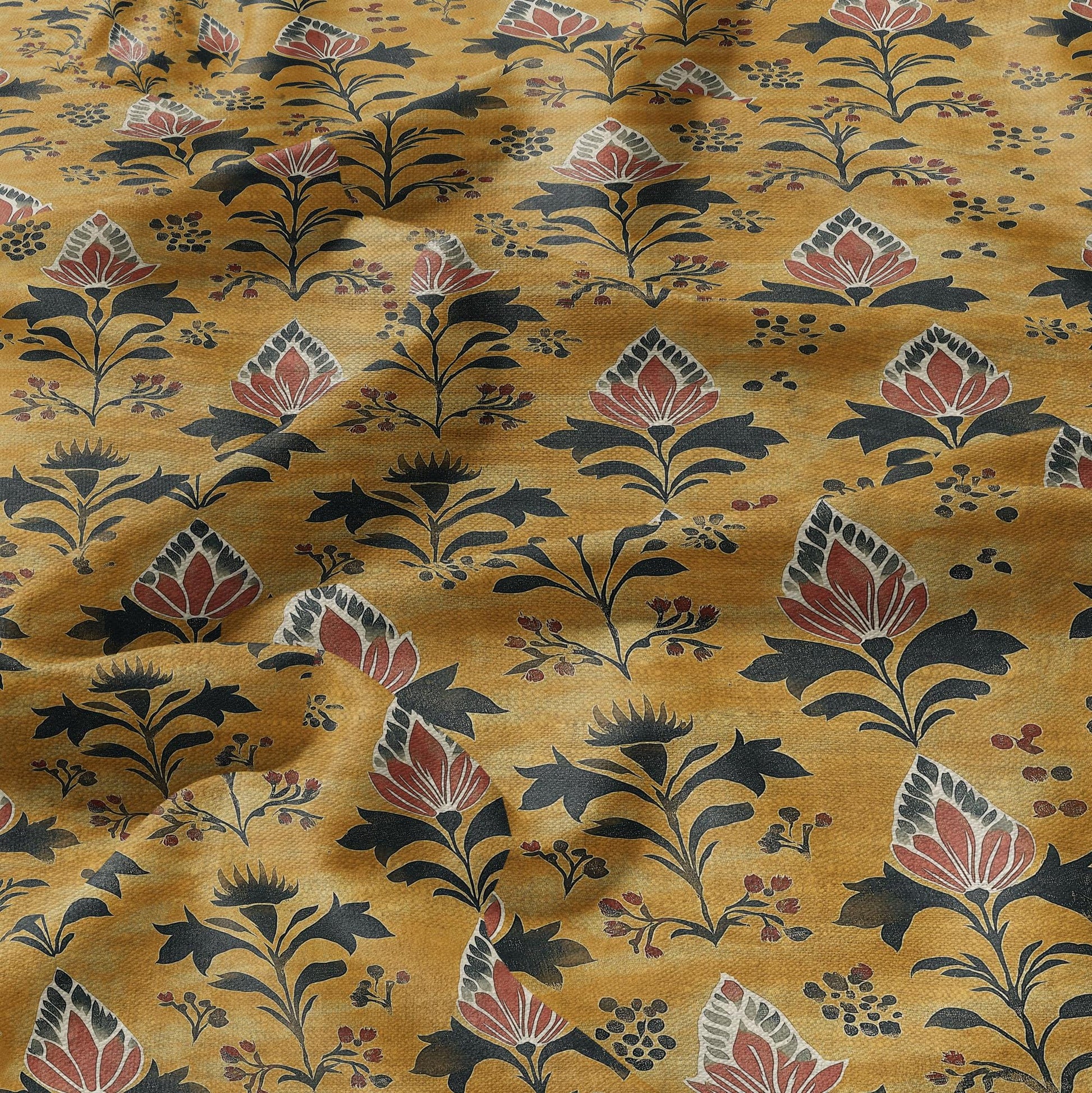 100% LINEN Fabric block print in mustard yellow - linen fabric with mustard floral print - linen fabric upholstery home decor dressmaking