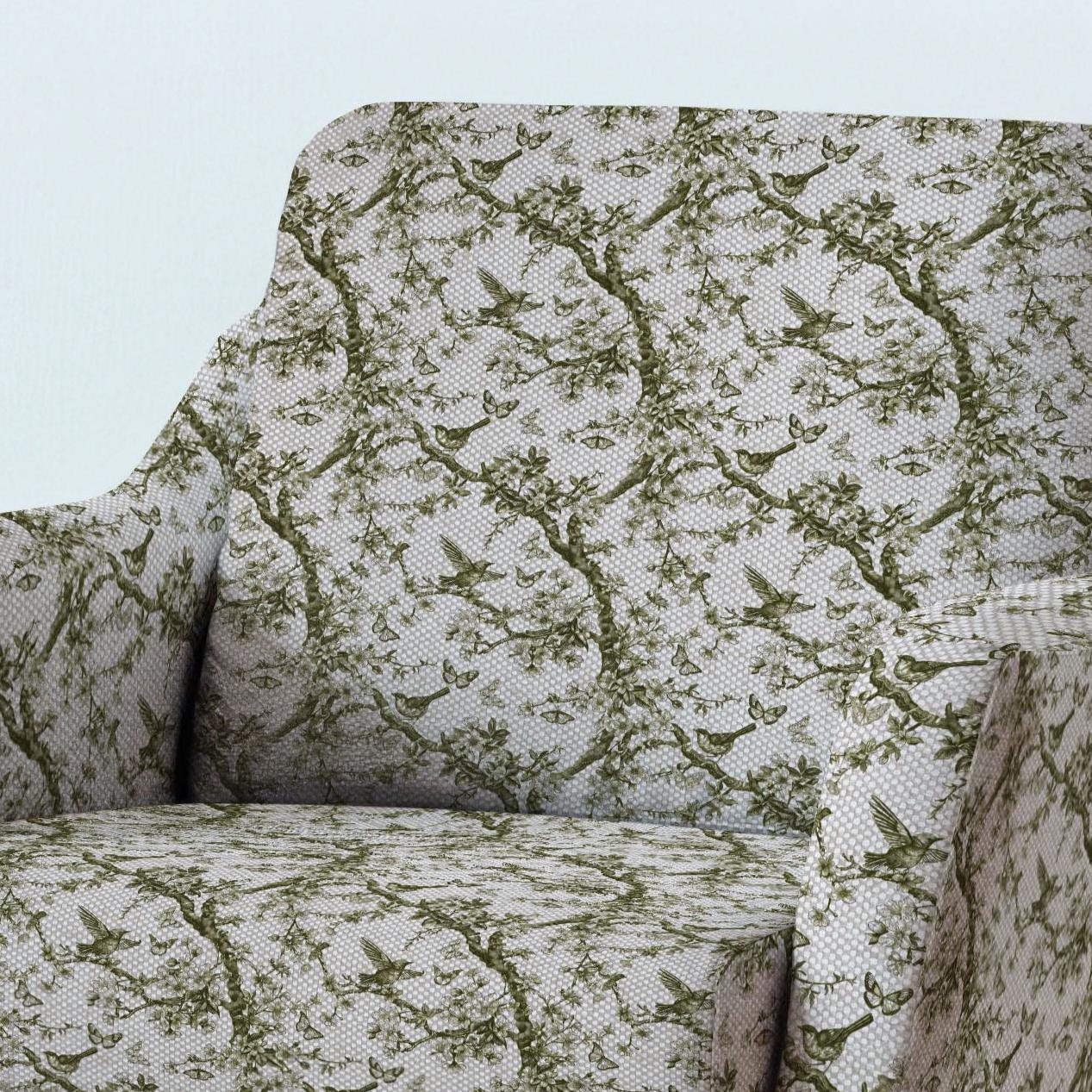 100% LINEN Fabric UPHOLSTERY 12oz - green toile de jouy print on oatmeal linen - Modern vintage Victorian tree with birds upholstery 347