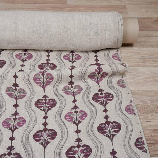 100% LINEN Fabric Waves stripe red - Modern vintage print on oatmeal linen for home decor sewing dress clothing 2939