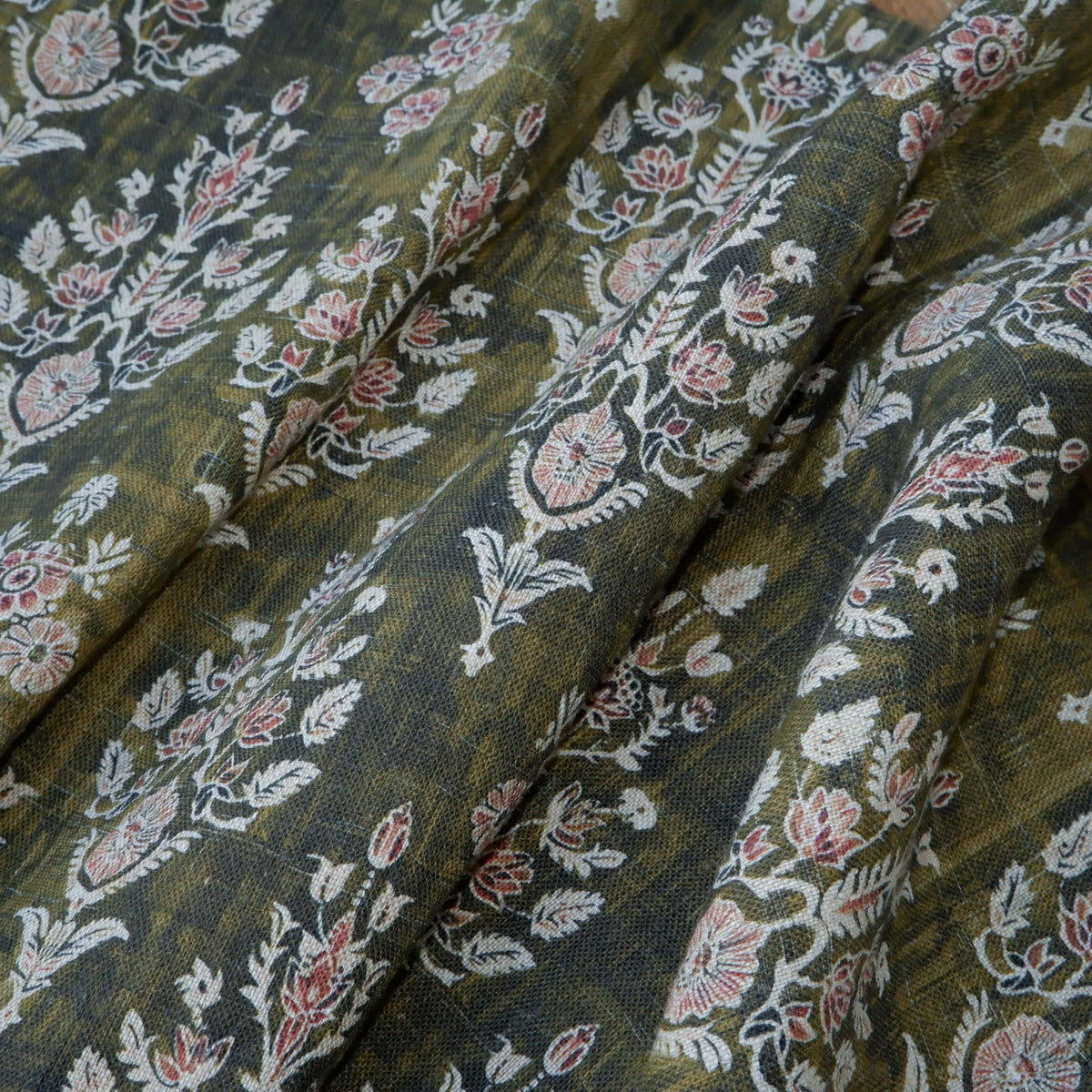 100% LINEN Fabric block print indian khaki green 3659 -  oatmeal linen fabric with green floral print decor