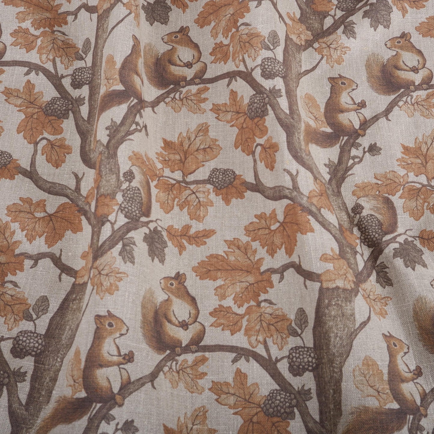 100% LINEN Fabric Toile de Jouy with Squirrel in forest - fabric brown print upholstery curtains dress making Nursery sewing