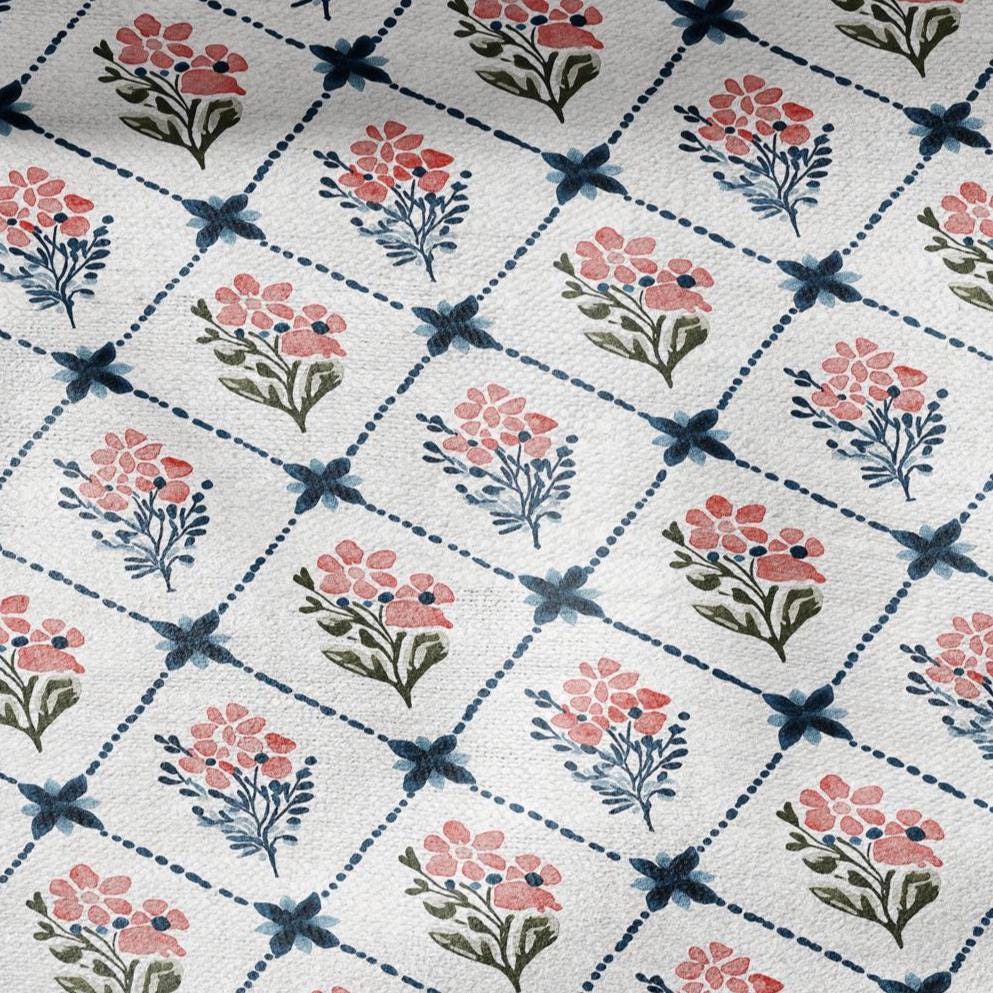 100% LINEN Fabric Floral trellis flower print - botanical indigo blue upholstery curtains dress making 3093