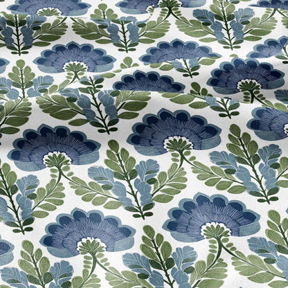 100% LINEN Fabric Swedish Mid-century print - Walnut leaves botanical stripe upholstery home textile artisan blue green white 3079