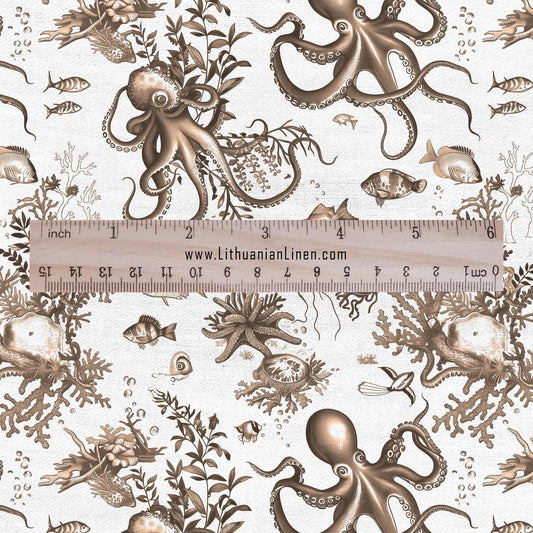 100% LINEN Fabric octopus linen -brown white floral fabric for upholstery home decor dress making 306B