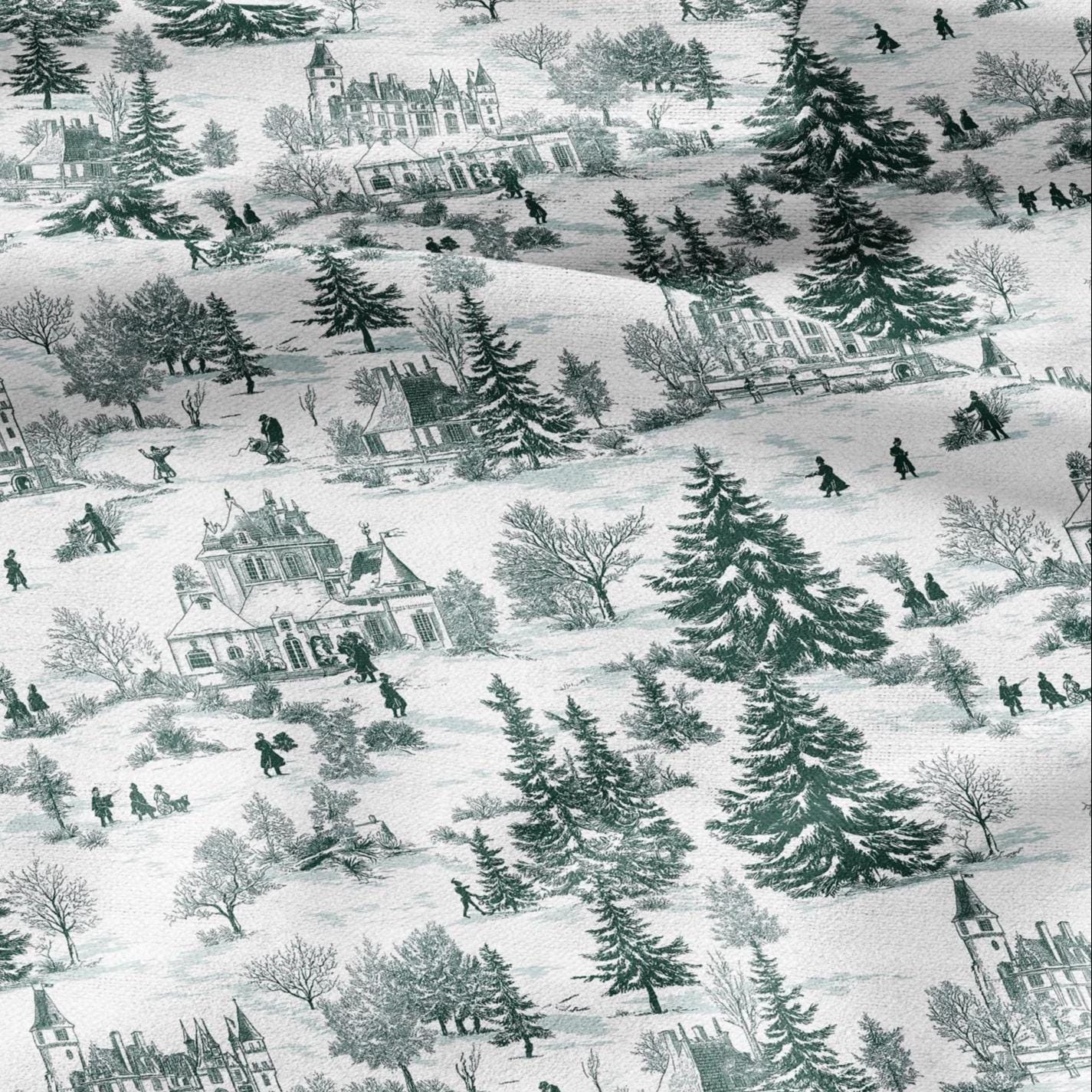100% LINEN Fabric Winter Castle - toile de jouy green white print linen heavy for upholstery home decor - medium for dress making 2813