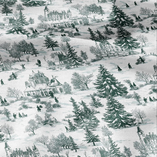 100% LINEN Fabric Winter Castle - toile de jouy green white print linen heavy for upholstery home decor - medium for dress making 2813