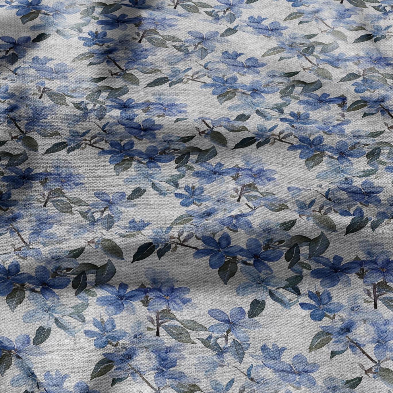 100% LINEN Fabric floral blue blossom print on oatmeal linen - blue gray heavy fabric for upholstery - medium weight linen dress making