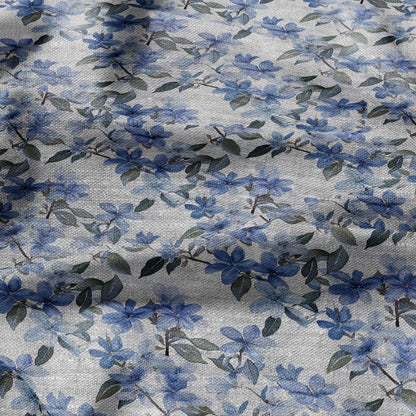 100% LINEN Fabric floral blue blossom print on oatmeal linen - blue gray heavy fabric for upholstery - medium weight linen dress making