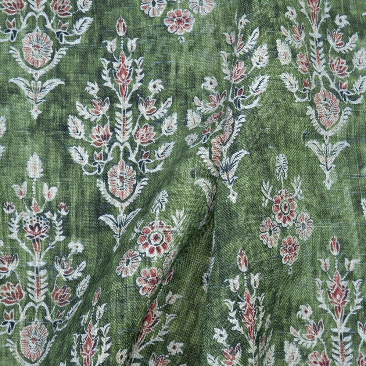 100% LINEN Fabric block print indian green 3658 - oatmeal linen fabric with green floral print decor