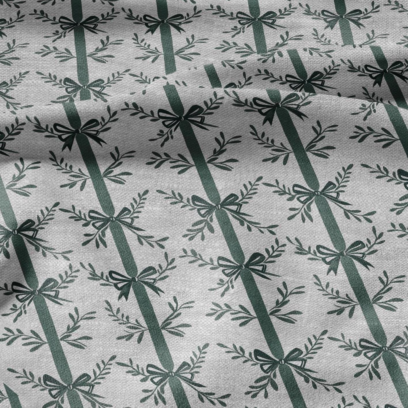 100% LINEN Fabric stripe bow holidays block print on oatmeal linen - French linen floral upholstery 2129