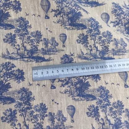 100% LINEN Fabric Toile de Jouy with air Balloon, oatmeal natur linen fabric with blue indigo  print, coastal French linen fabric upholstery