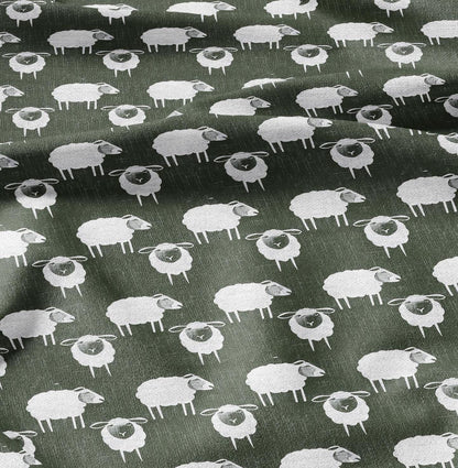100% LINEN Fabric Sheep green white - white graphic fabric print - Scandinavian linen Modern Nursery fabric