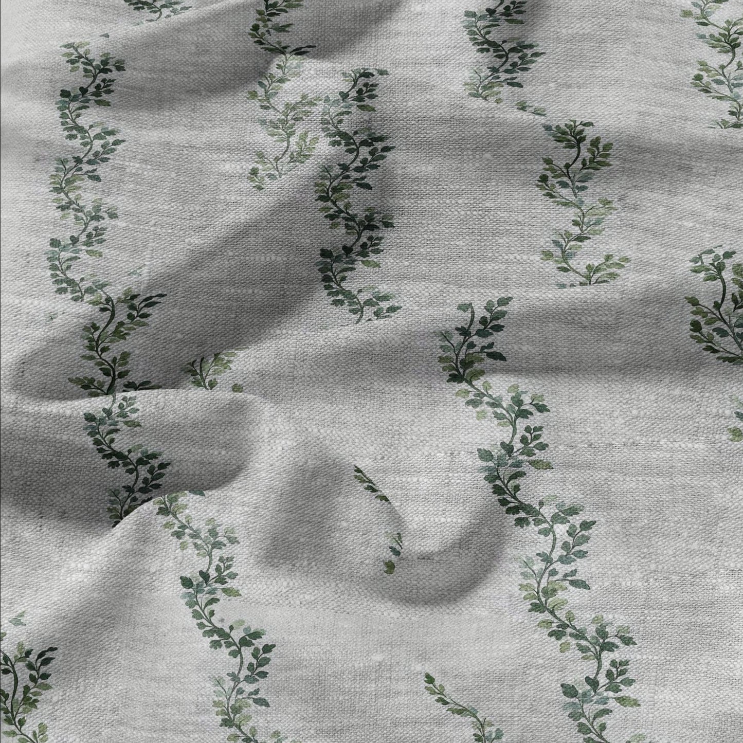 100% LINEN Fabric greenery  stripe print - oatmeal neutral fabric with green print - linen fabric upholstery home decor dressmaking 2709