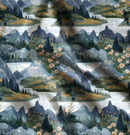 100% LINEN Fabric block print, oatmeal natur linen fabric with landscape print, heavy linen fabric for upholstery home decor