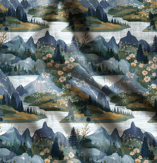 100% LINEN Fabric block print, oatmeal natur linen fabric with landscape print, heavy linen fabric for upholstery home decor