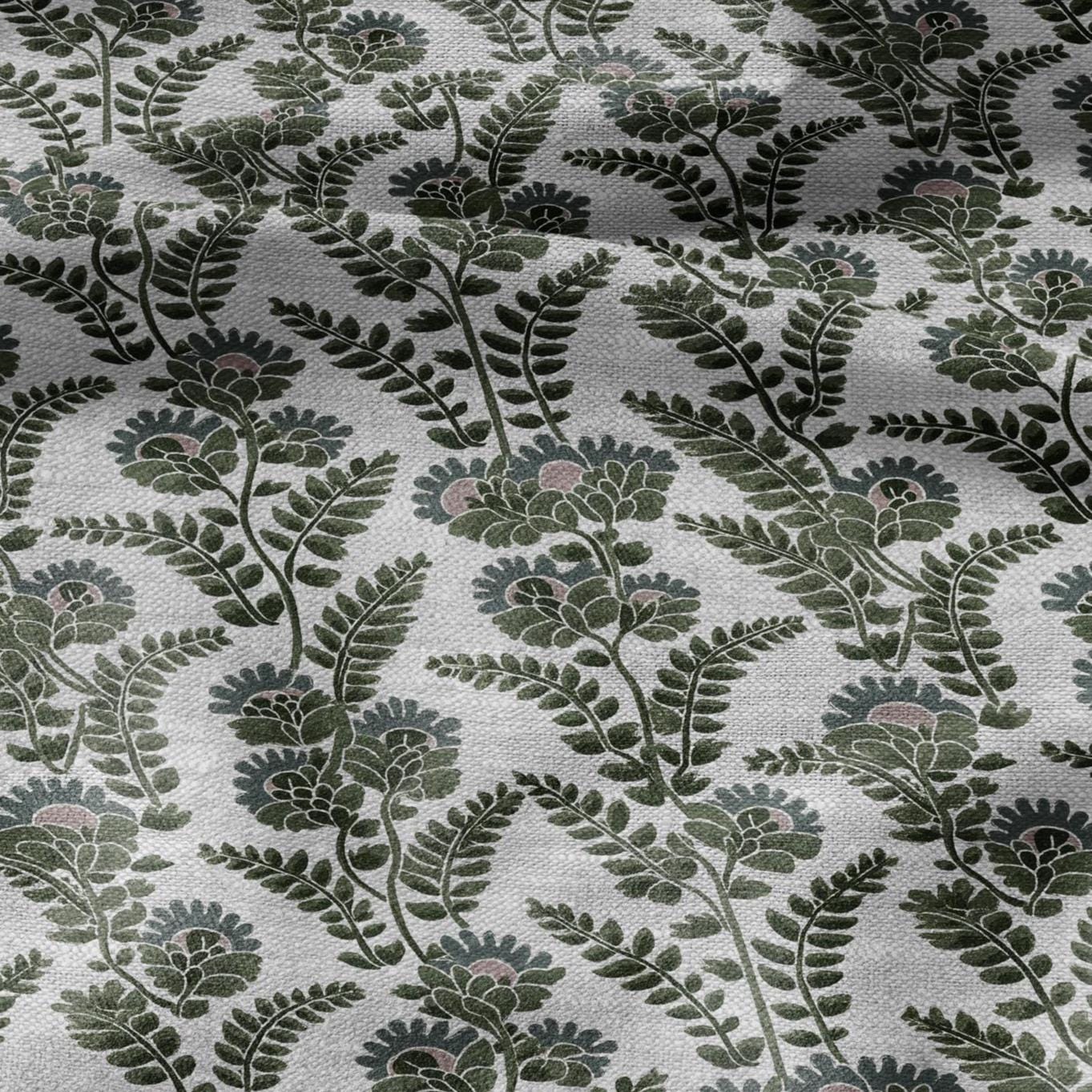 100% LINEN Fabric block print Green leaves flower - oatmeal linen fabric with floral print - heavy for upholstery home decor clothing 3110
