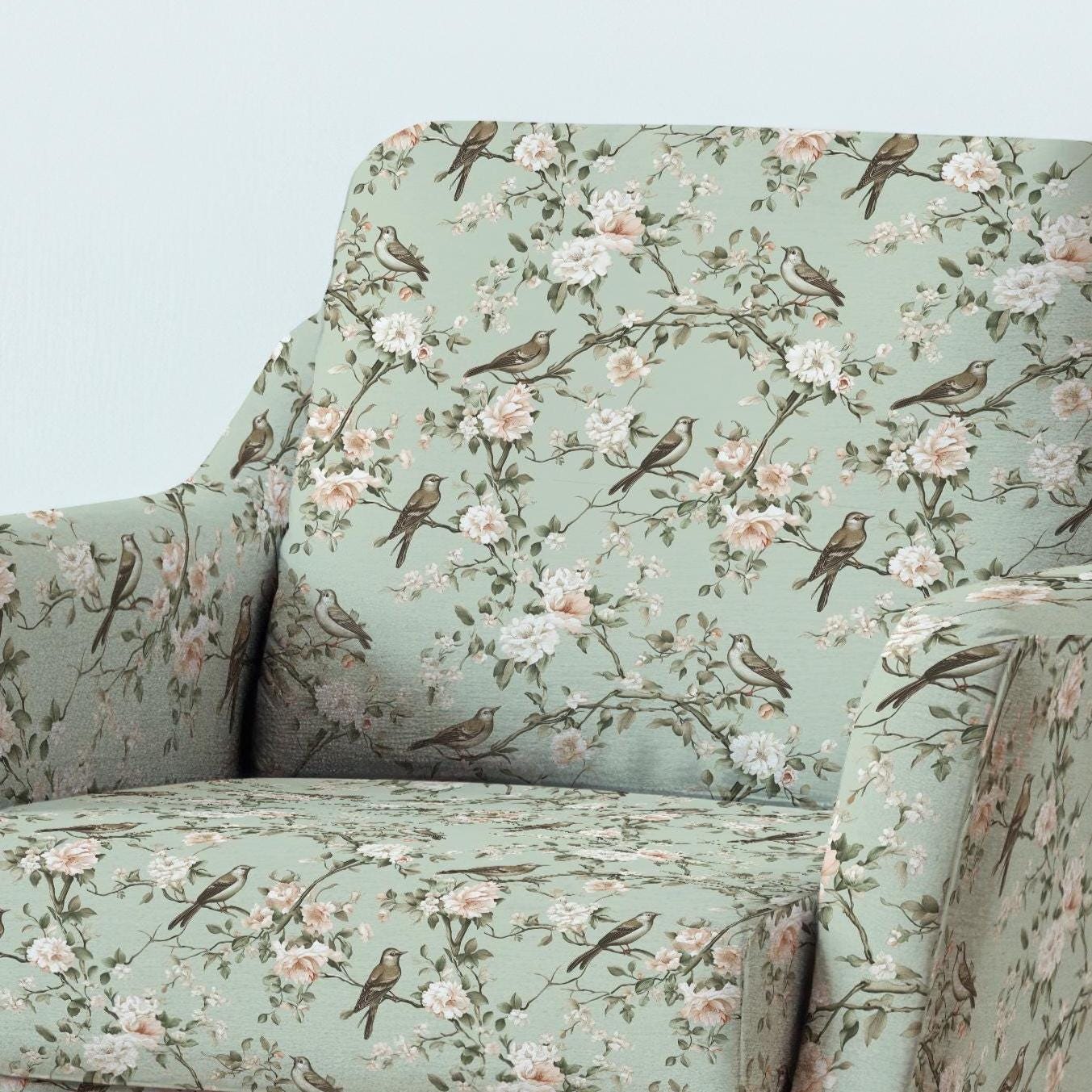 100% LINEN Fabric UPHOLSTERY 12oz - Pale green toile de jouy print with tree blossom with birds on linen - Modern vintage pattern 355