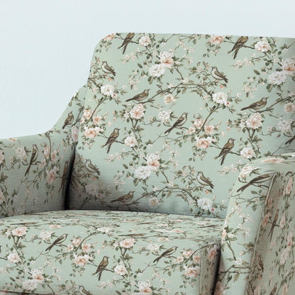 100% LINEN Fabric UPHOLSTERY 12oz - Pale green toile de jouy print with tree blossom with birds on linen - Modern vintage pattern 355