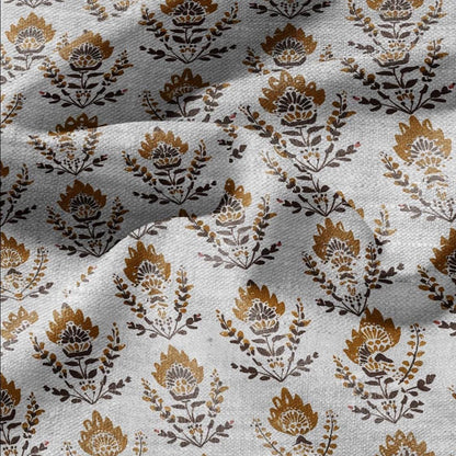 100% LINEN Fabric mustard yellow block print on oatmeal natur linen - floral French - heavy upholstery home decor - medium dress making 2373