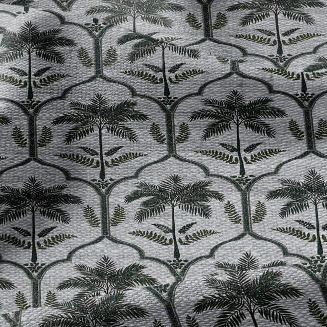 100% LINEN Fabric  Deco Palm green print - oatmeal linen fabric with botanical print - heavy for home decor clothing 3347