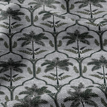 100% LINEN Fabric  Deco Palm green print - oatmeal linen fabric with botanical print - heavy for home decor clothing 3347
