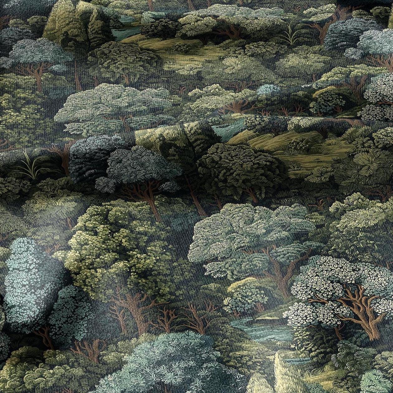 100% linen fabric Verdure tapestry print - Vintage green tree forest botanical  - Historical chinoiserie topiary 3348