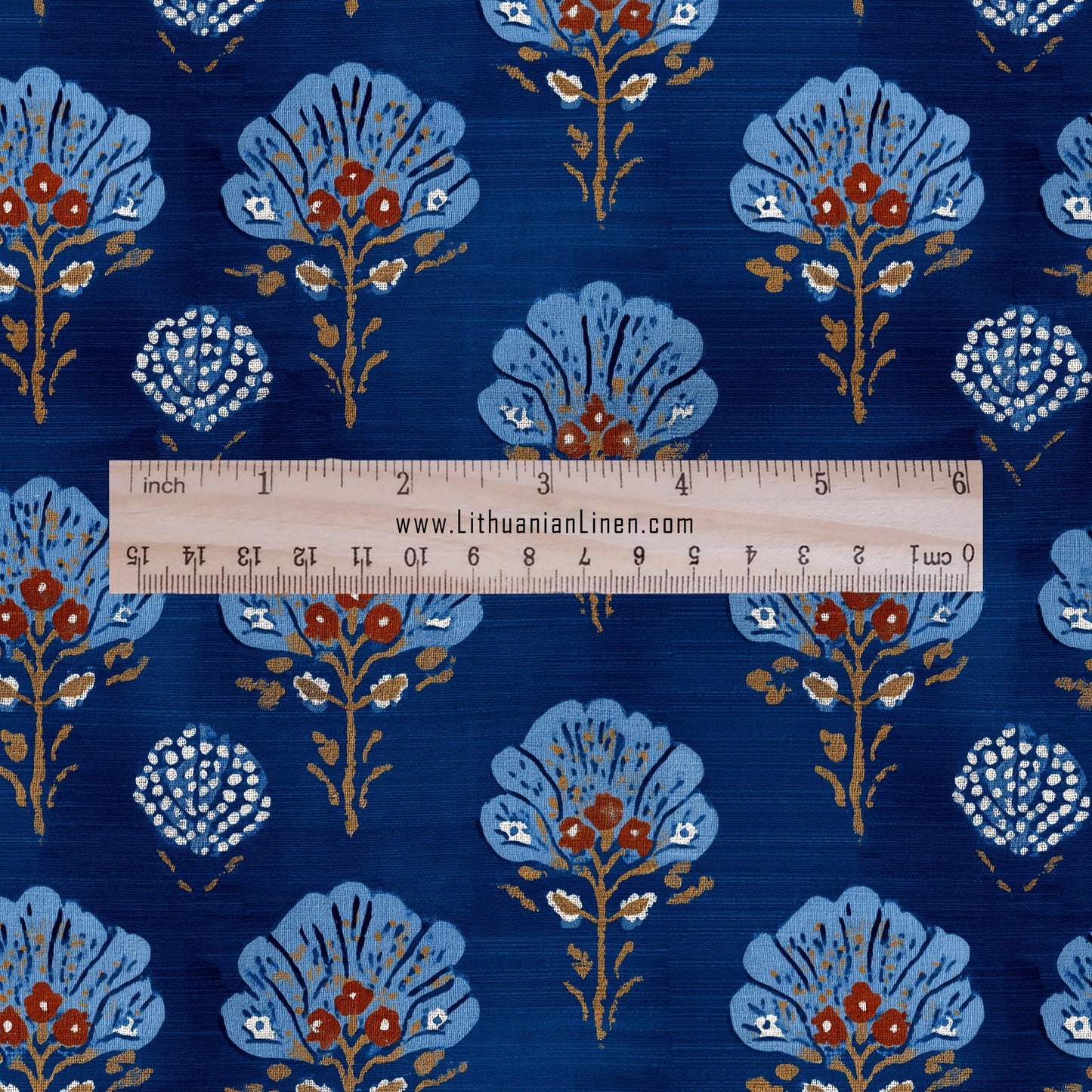 100% LINEN Indigo blue block print - Blue blossom - floral fabric for dress making or home decor 2934
