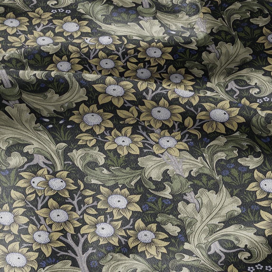 William Morris Orchard green print 100% LINEN Fabric - British linen floral upholstery home textile Victorian Orange garden 3222