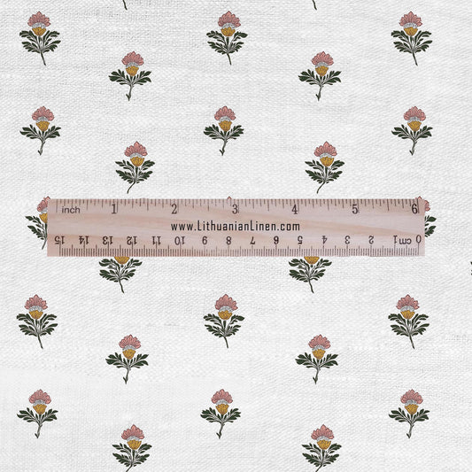 100% LINEN Fabric block print green red on white - linen fabric with floral print -heavy linen fabric for upholstery home decor