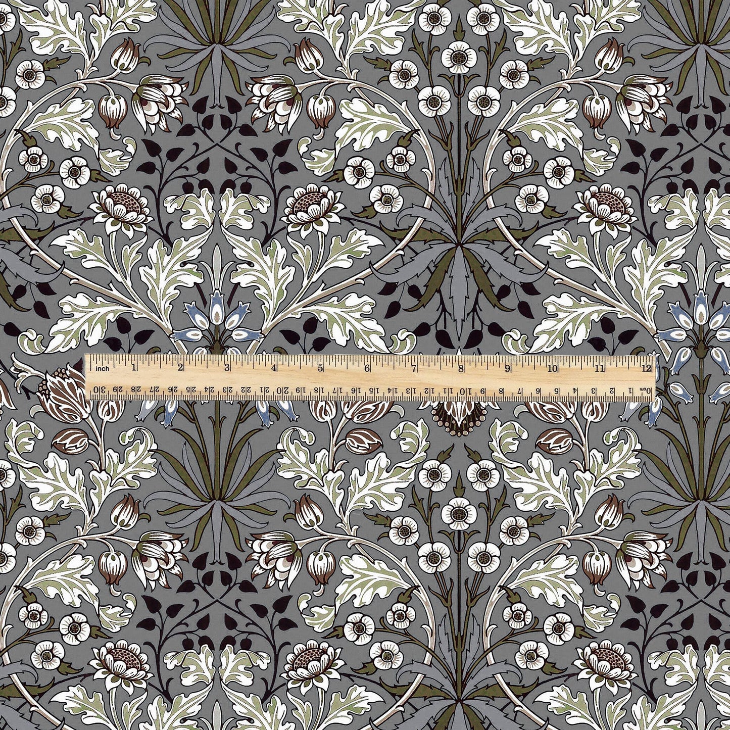 100% LINEN Fabric William Morris hyacinth grey print - Modern vintage botanical - Victorian Art Craft gray 3151