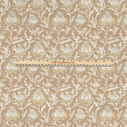 100% LINEN Fabric UPHOLSTERY 12oz - Beige thistle on white linen - Modern vintage Grandmillennial toile de jouy upholstery 2043
