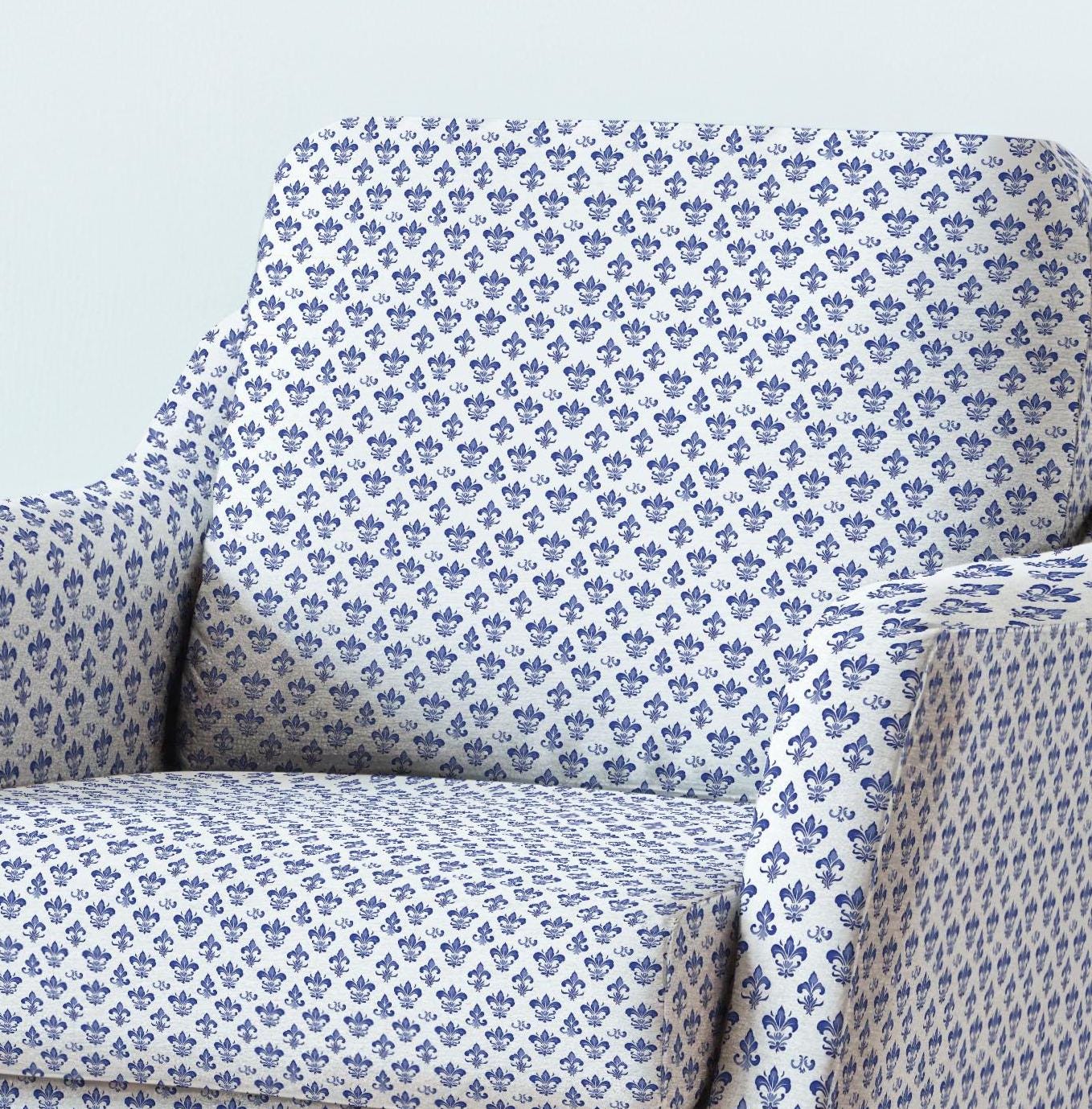 100% LINEN Fabric UPHOLSTERY 12oz - Fleur de lis print on linen - blue Grandmillenial - floral upholstery 360