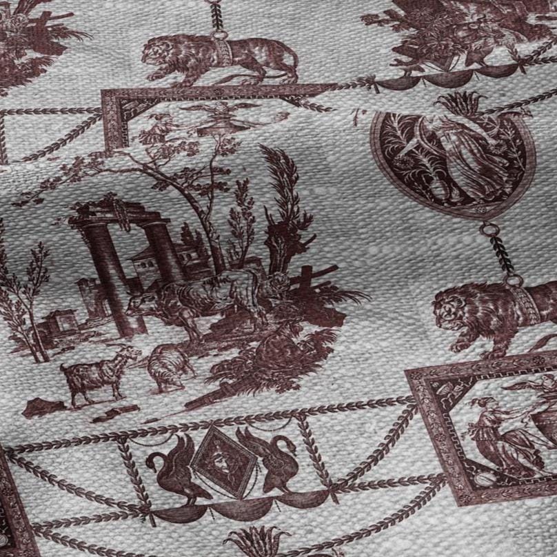 100% LINEN Fabric french red print oatmeal - Goddess Diana with Lion - toile de jouy - Diane chasseresse by Jean-Baptiste Huet 3419