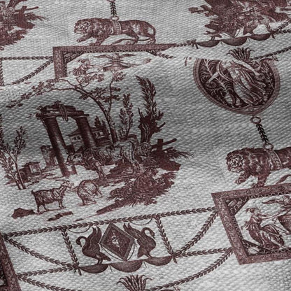 100% LINEN Fabric french red print oatmeal - Goddess Diana with Lion - toile de jouy - Diane chasseresse by Jean-Baptiste Huet 3419