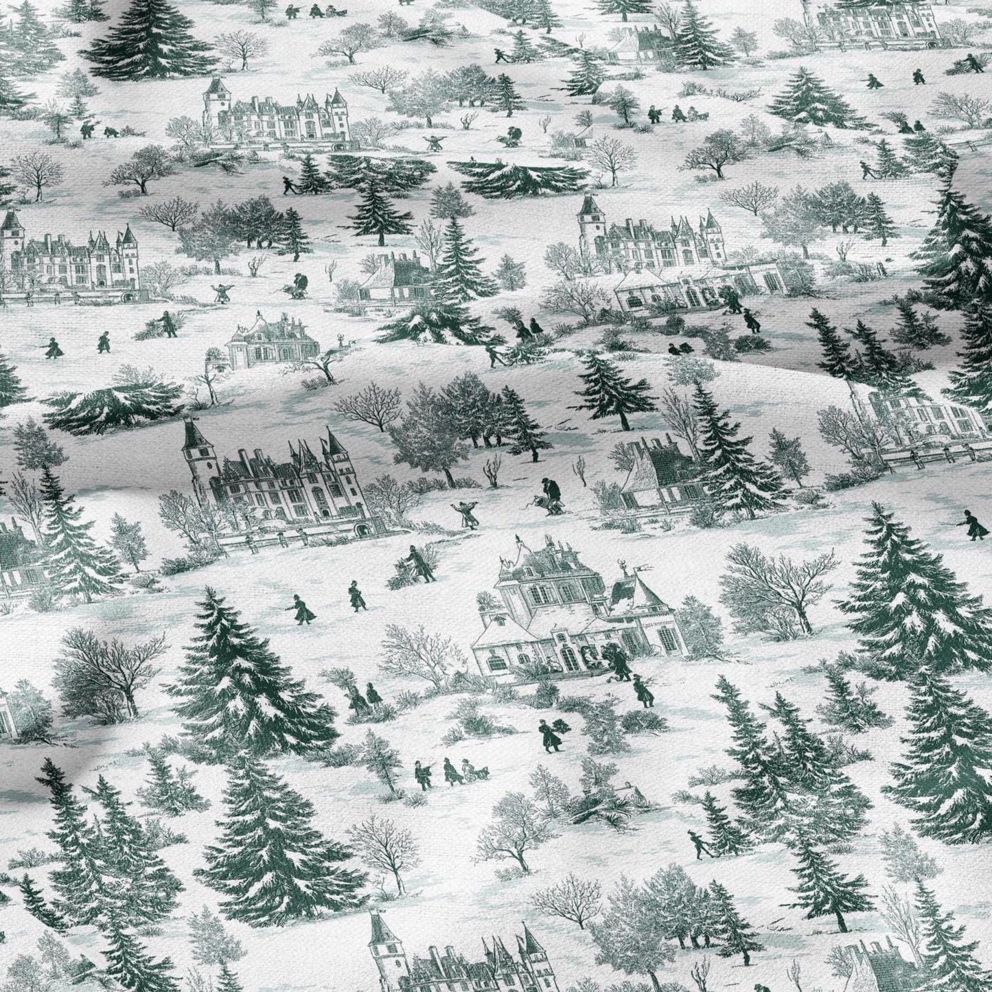 100% LINEN Fabric Winter Castle - toile de jouy green white print linen heavy for upholstery home decor - medium for dress making 2813