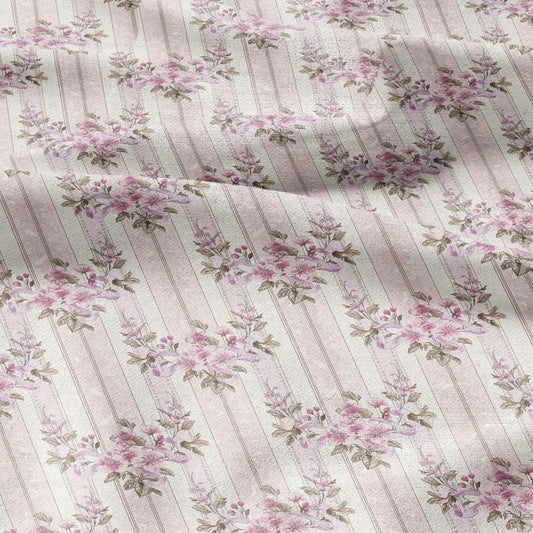 100% LINEN Fabric Vintage floral stripe print - retro pink beige white  - for upholstery home decor - medium for dress making 2864